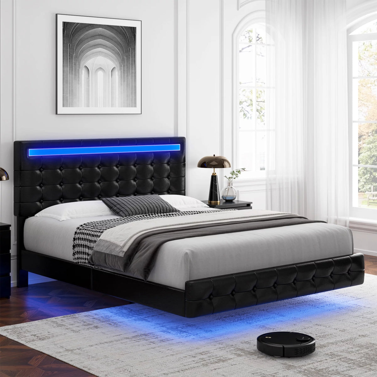 White Queen Floating LED Platform Bed with Storage B702