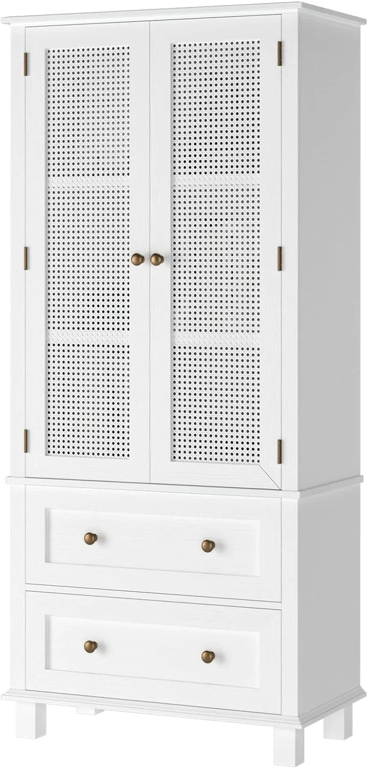 White Tall Pantry Cabinet with Rattan Doors and 2 Drawers S958120