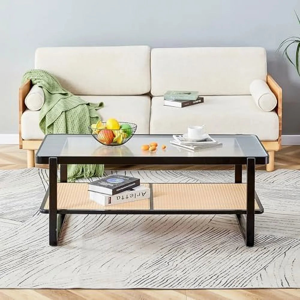Rustic Natural Wood Rattan Coffee Table W985800