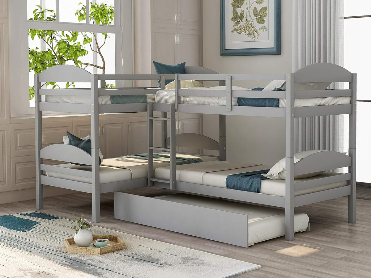 Gray Twin L-Shaped Bunk Bed Frame with Trundle T728271