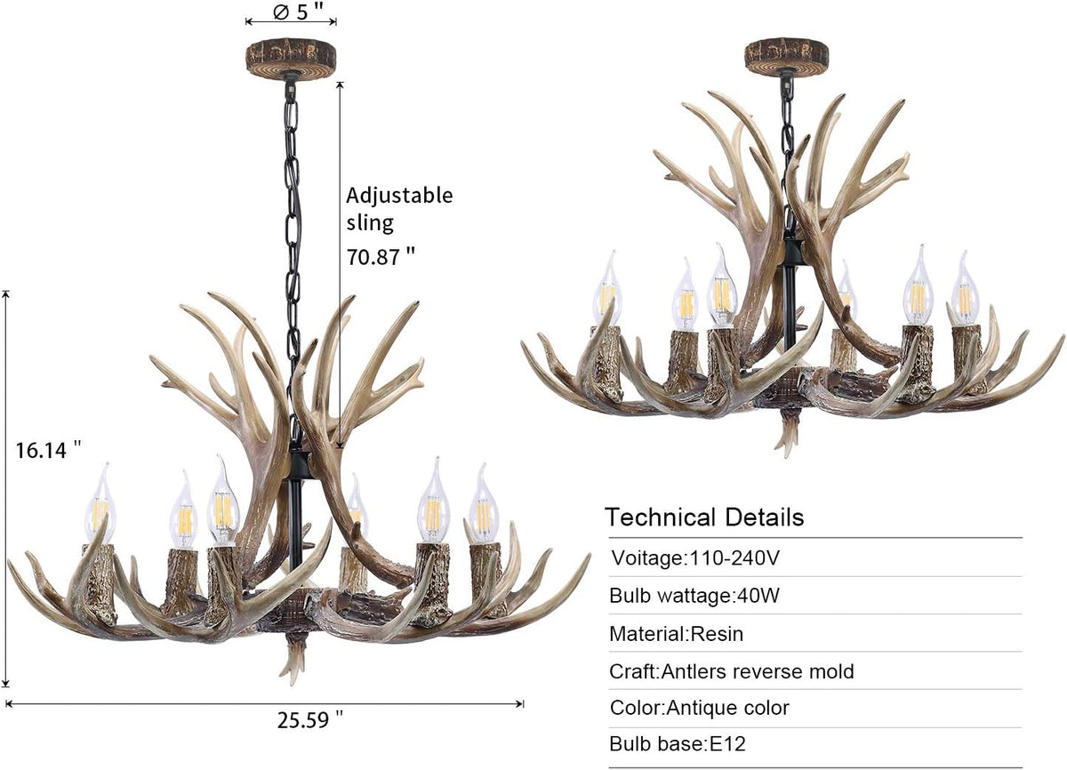 6 Light Resin Deer Antler Chandelier N478036