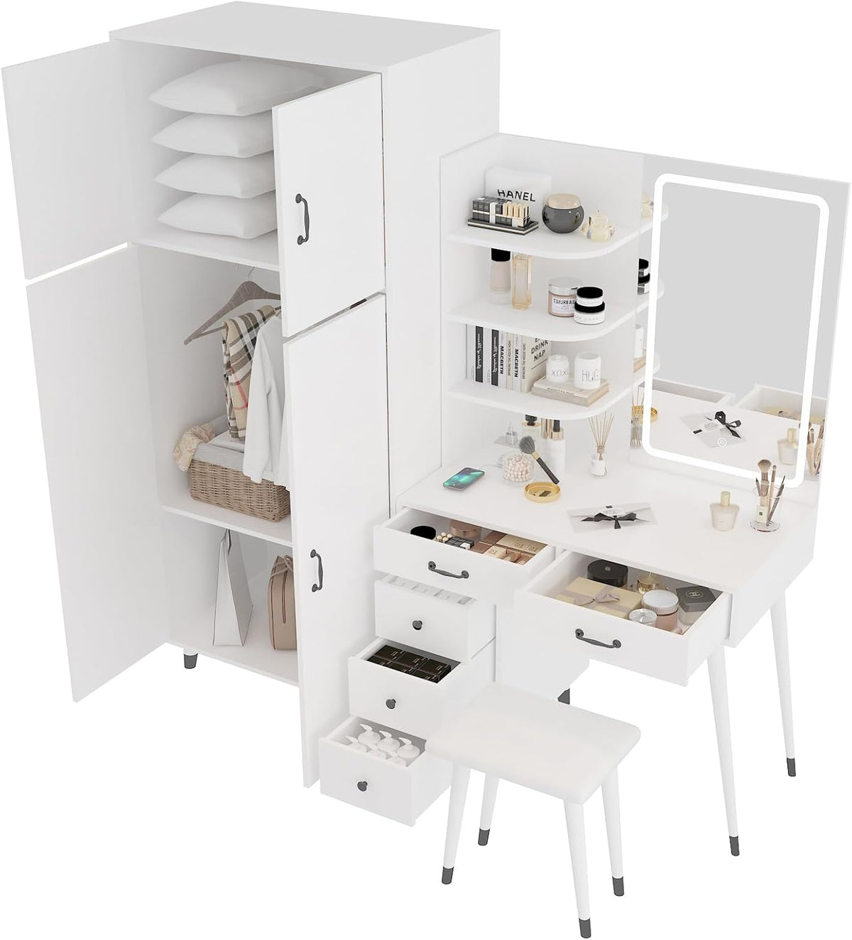 White Makeup Vanity Table and Armoire Wardrobe Set with LED Mirror and 5 Drawers I36109