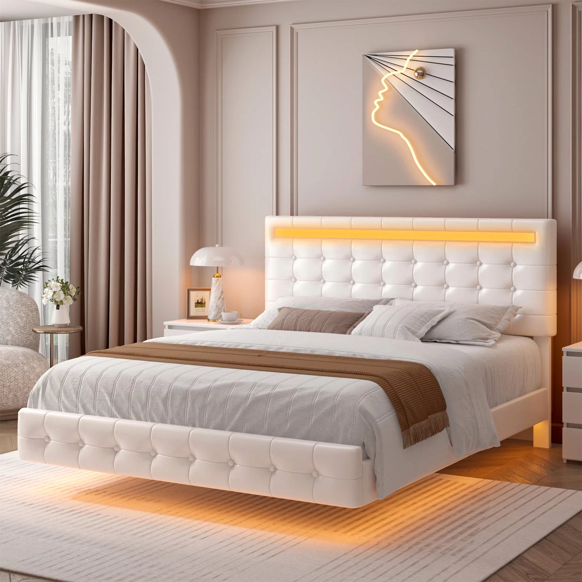 White Queen Floating LED Platform Bed with Storage B702