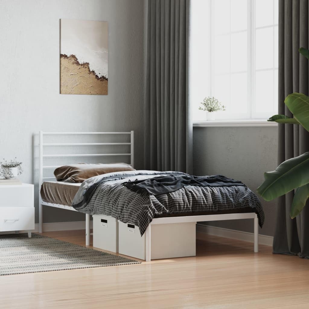 White Metal Bed Frame with Headboard 39.4"x78.7" Y604908