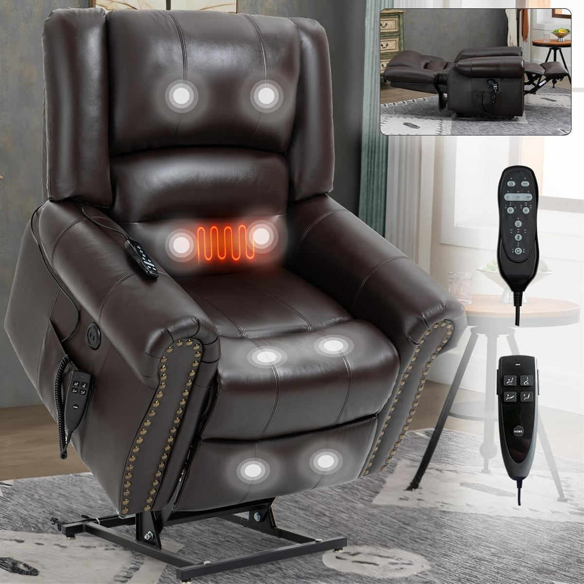 Brown Genuine Leather Power Lift Recliner Chair with Heat Massage U644