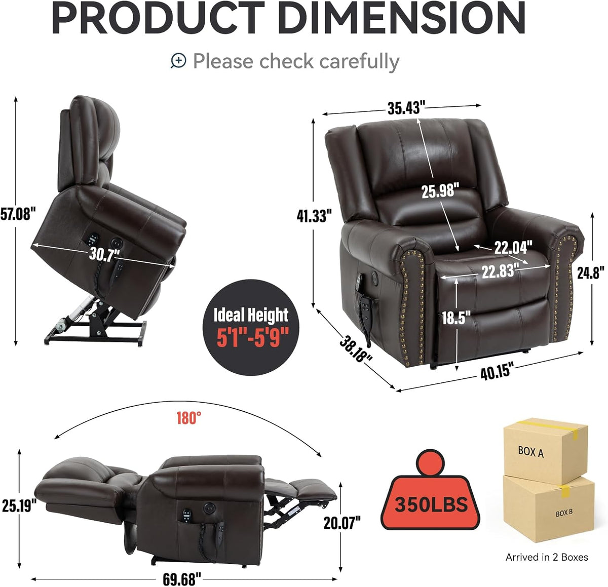 Brown Genuine Leather Power Lift Recliner Chair with Heat Massage U644
