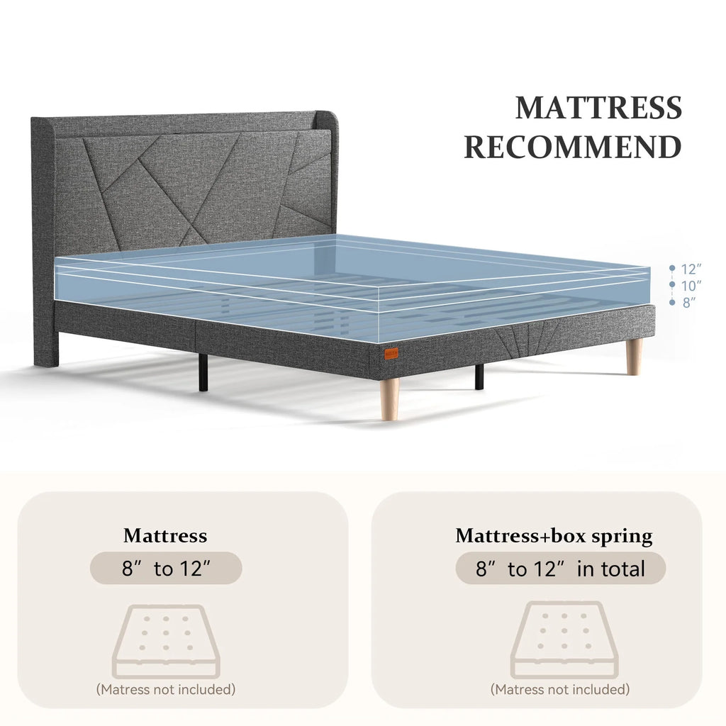 Queen Upholstered Platform Bed Frame with Wingback Storage Headboard K106