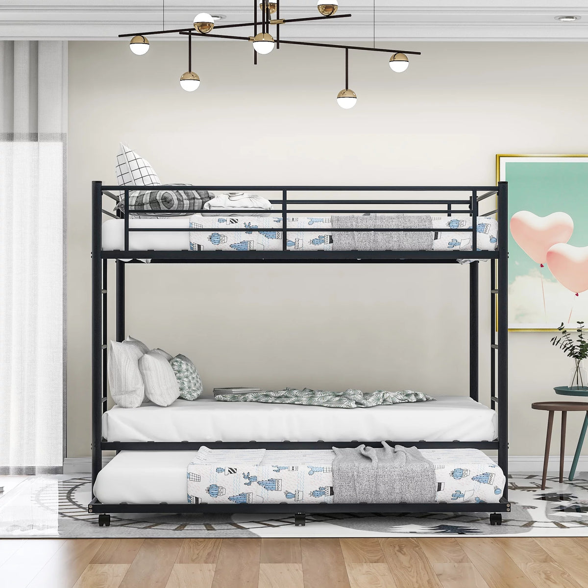 Black Metal Twin over Twin Bunk Bed with Trundle U67133