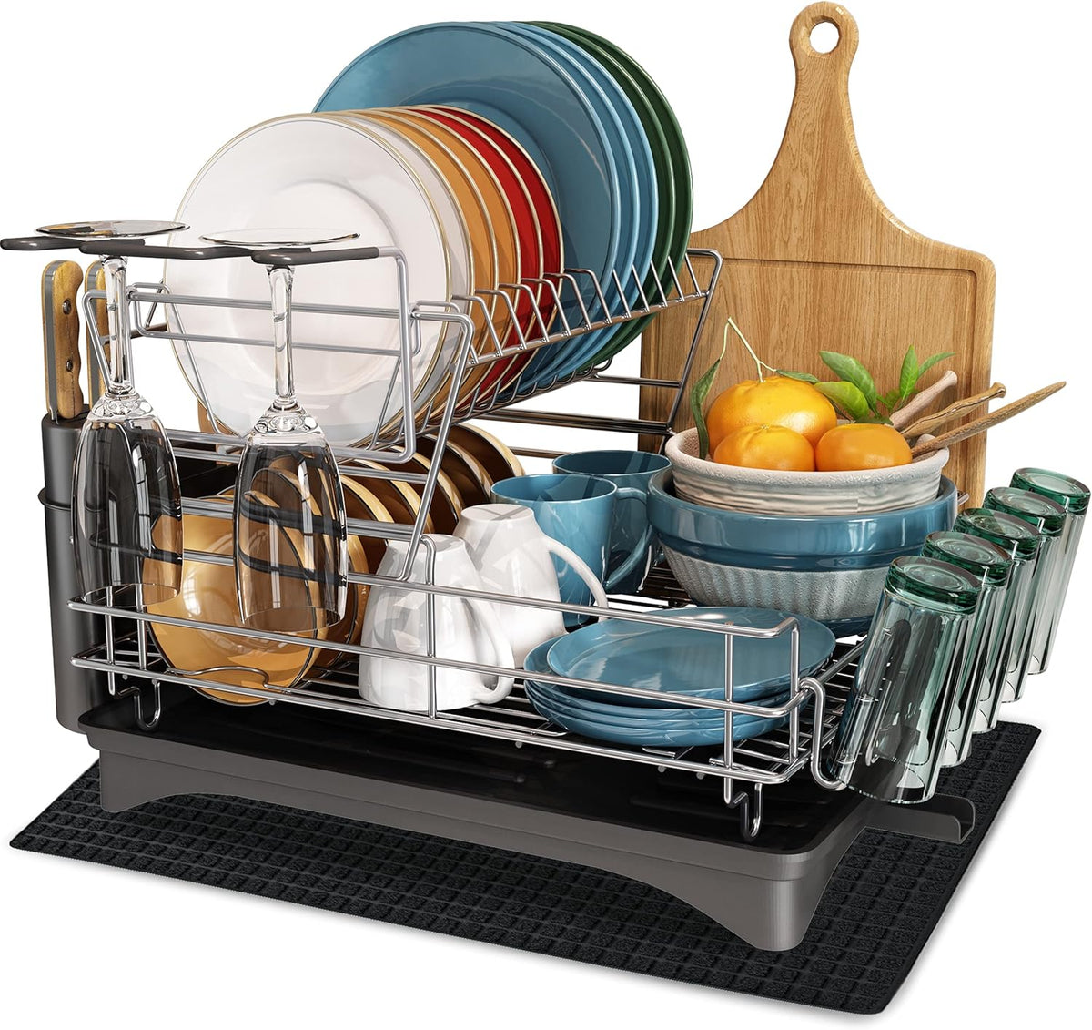 2 Tier Stainless Steel Dish Drying Rack and Drainboard Set with Utensil Holder U465662