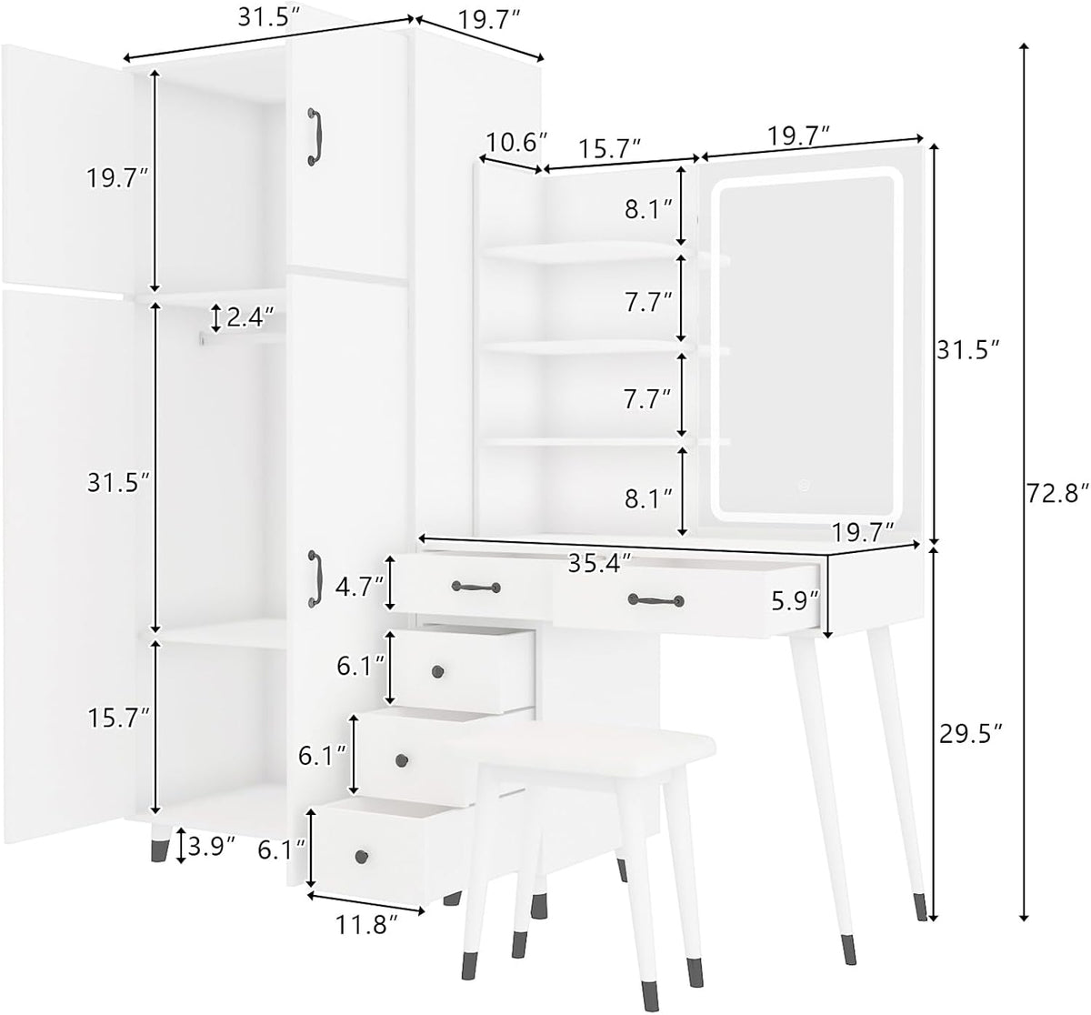 White Makeup Vanity Table and Armoire Wardrobe Set with LED Mirror and 5 Drawers I36109