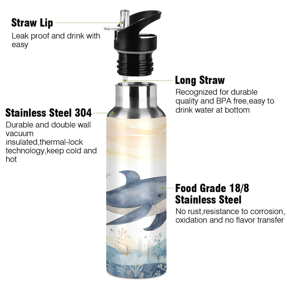 Stainless Steel Insulated Thermos Vacuum Flask Water Bottle with Straw Lid O745642