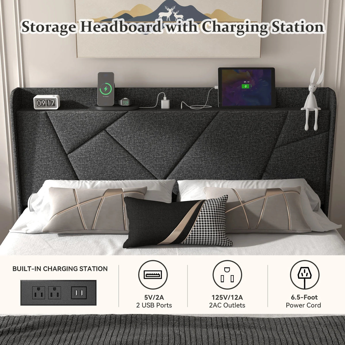 Queen Upholstered Platform Bed Frame with Wingback Storage Headboard K106