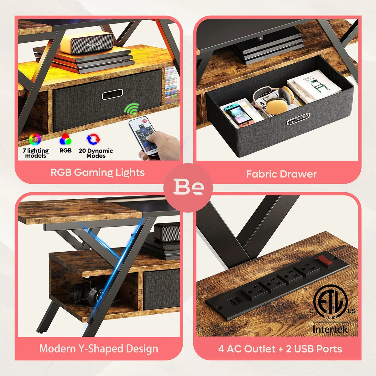 55 Gaming TV Stand with Power Outlet LED Entertainment Center O5785