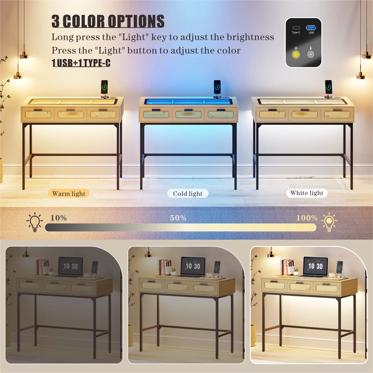 Makeup Vanity Desk with LED Lights and Charging Station X52257