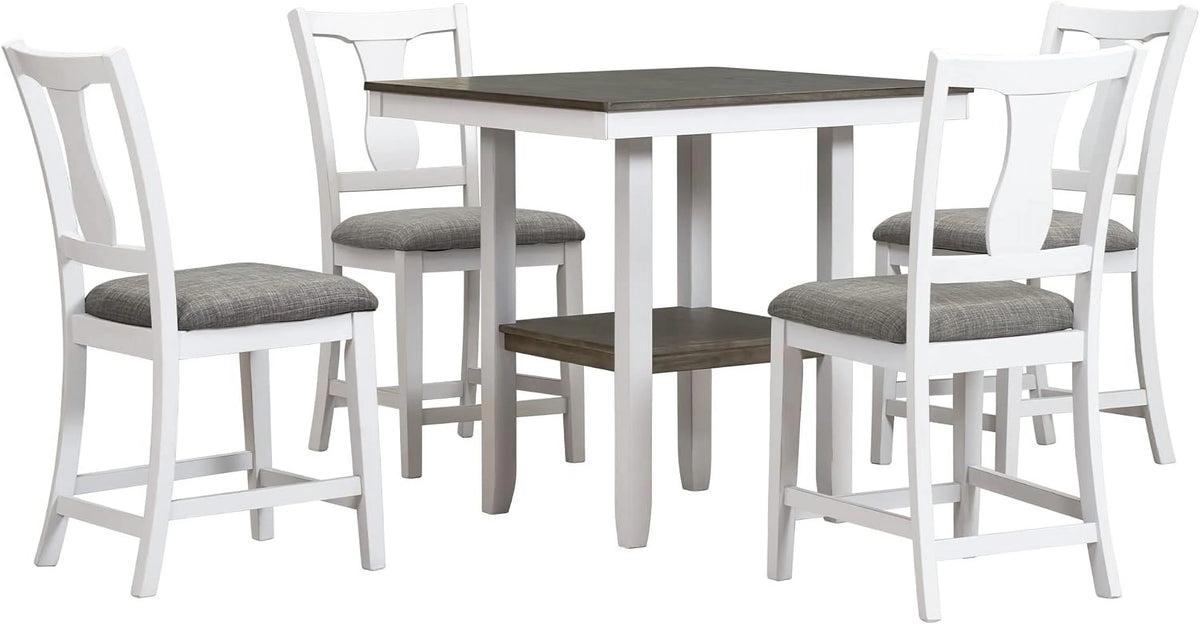 Antique White 5 Piece Counter Height Dining Table Set with Storage Shelf I13640