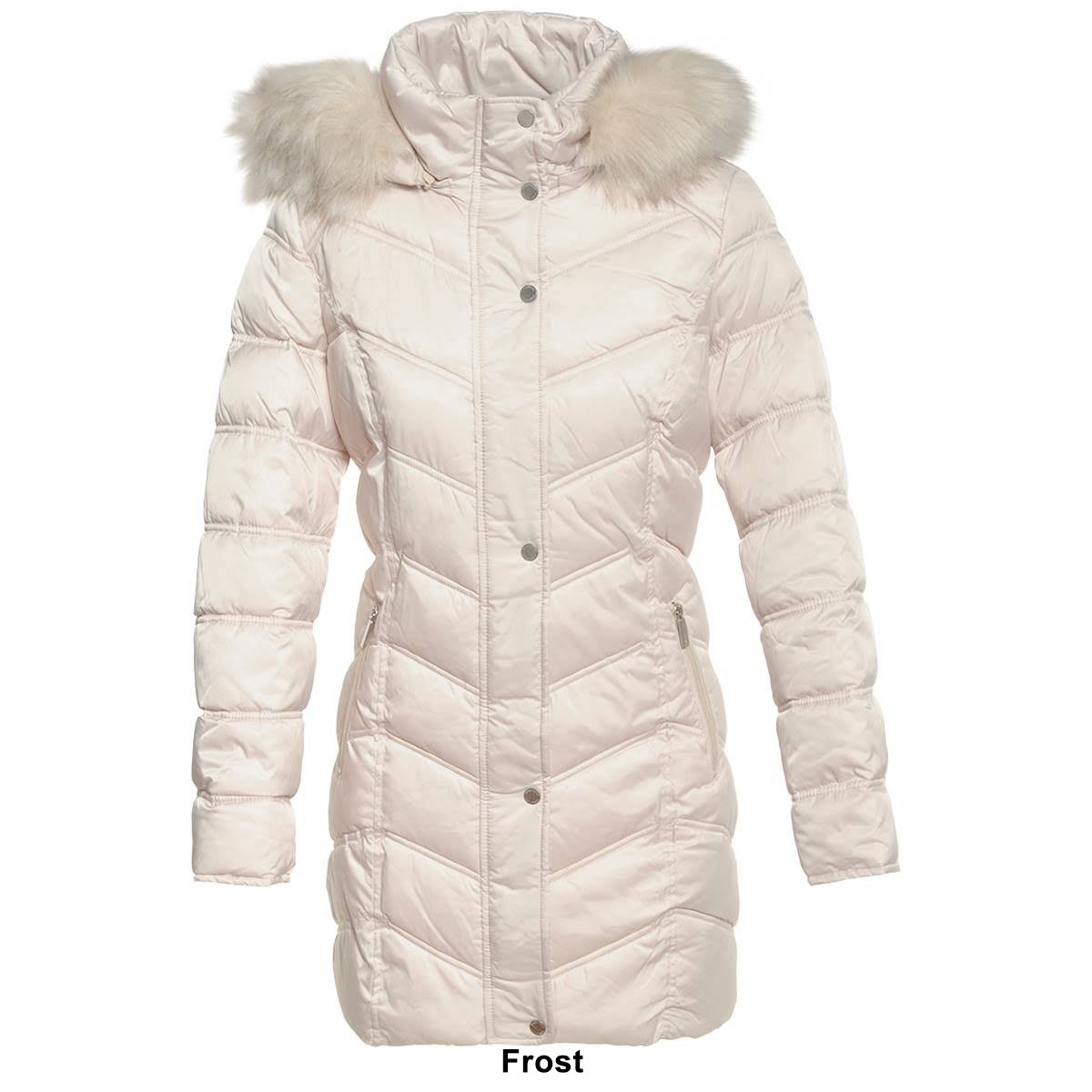 Black Chevron Quilted Coat with Faux Fur Hood D697