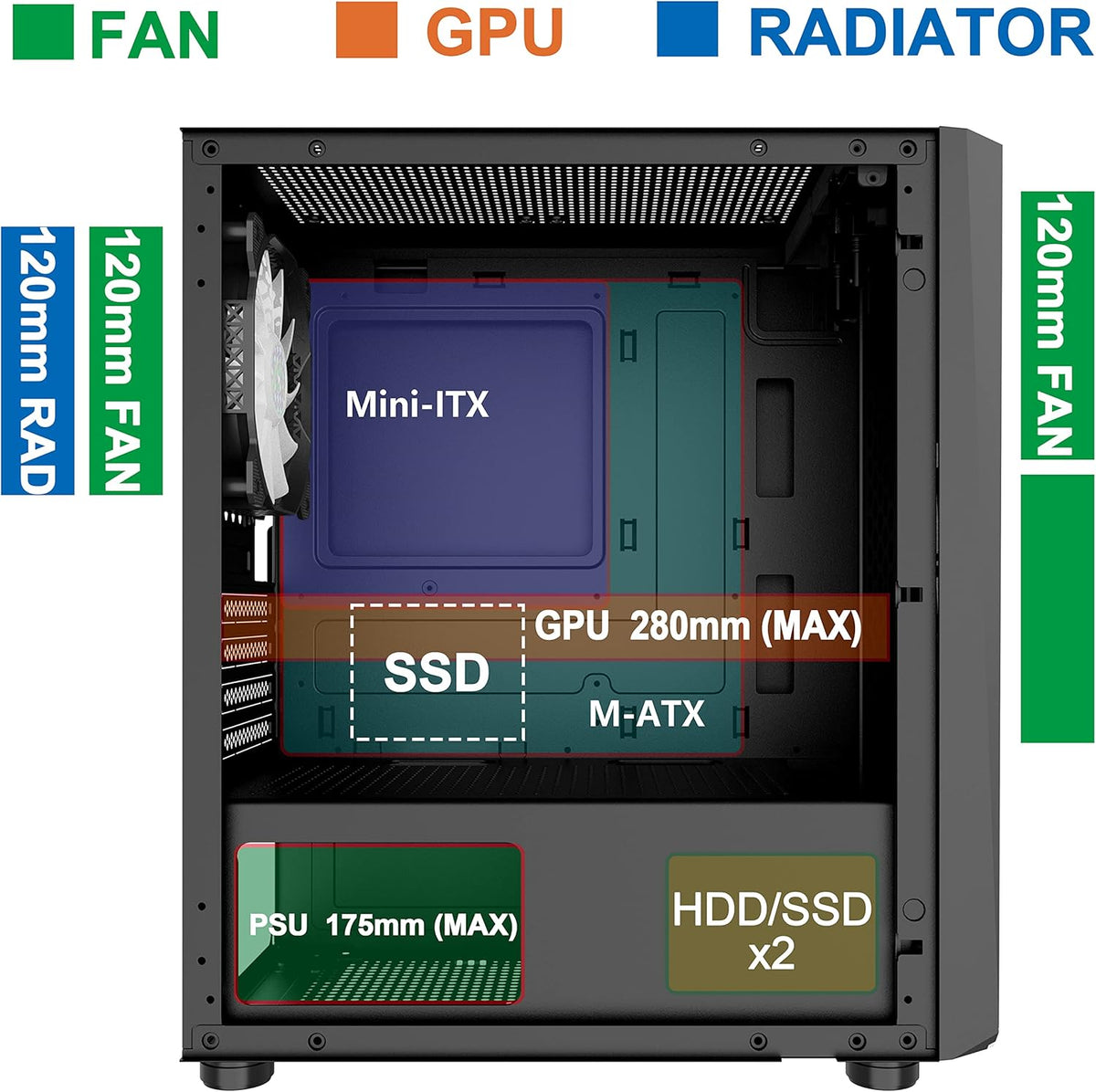 Black Micro-ATX PC Case with LED ARGB Fan A93082