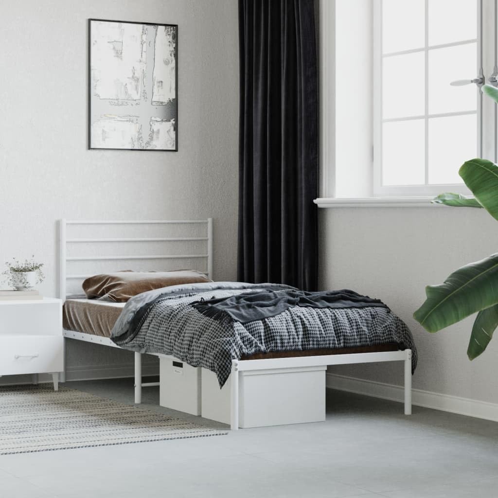White Metal Bed Frame with Headboard 39.4"x78.7" Y604908