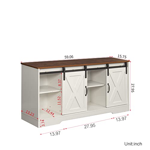 White 59 Inch Wood TV Stand with Sliding Barn Doors A732670