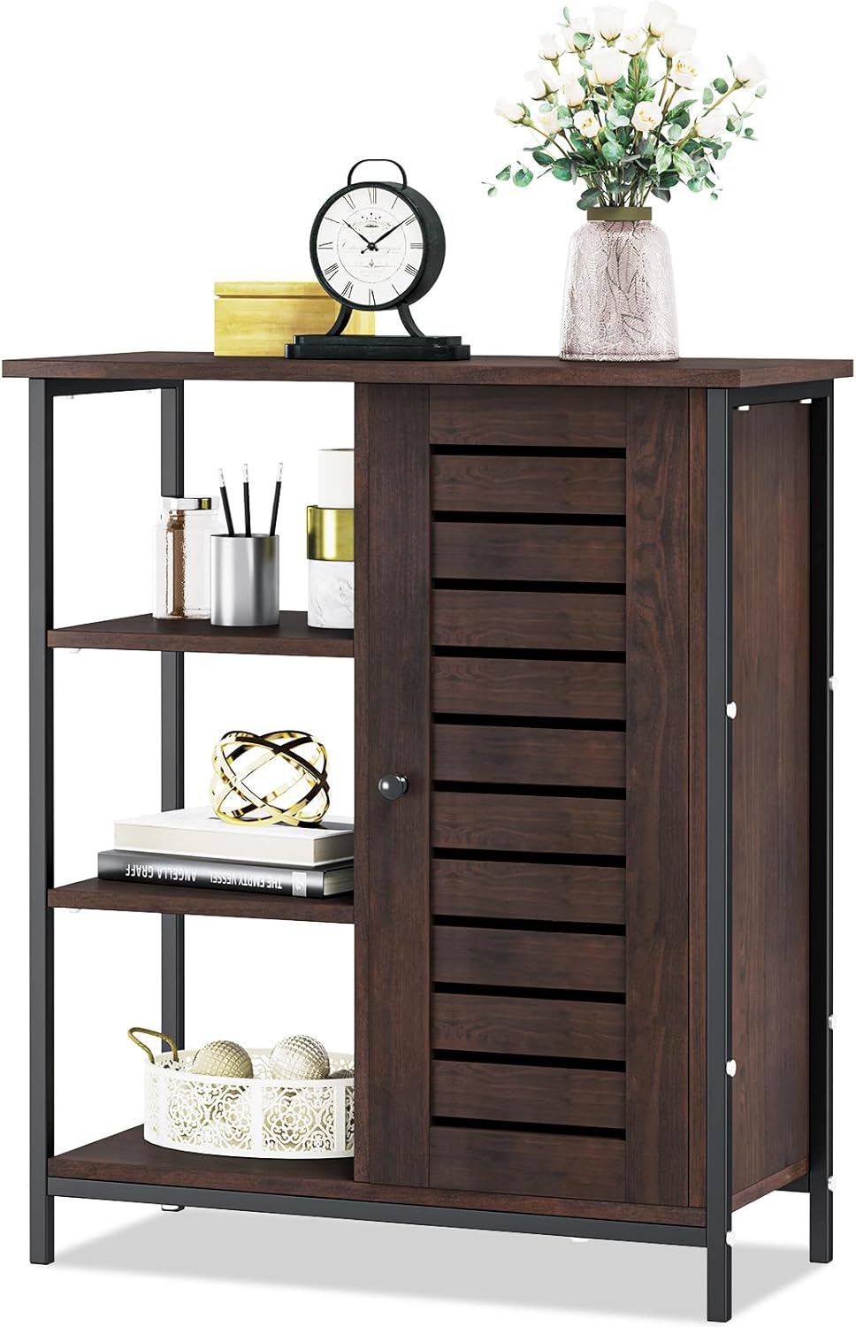 Dark Walnut Storage Cabinet with Metal Frame D88461