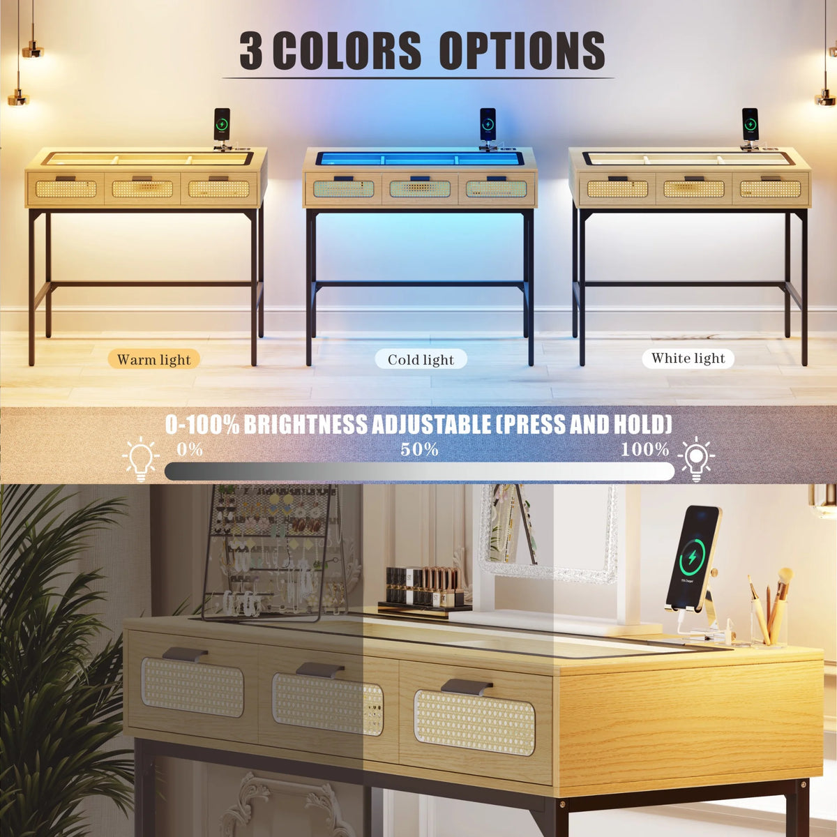 Makeup Vanity Desk with LED Lights and Charging Station X52257