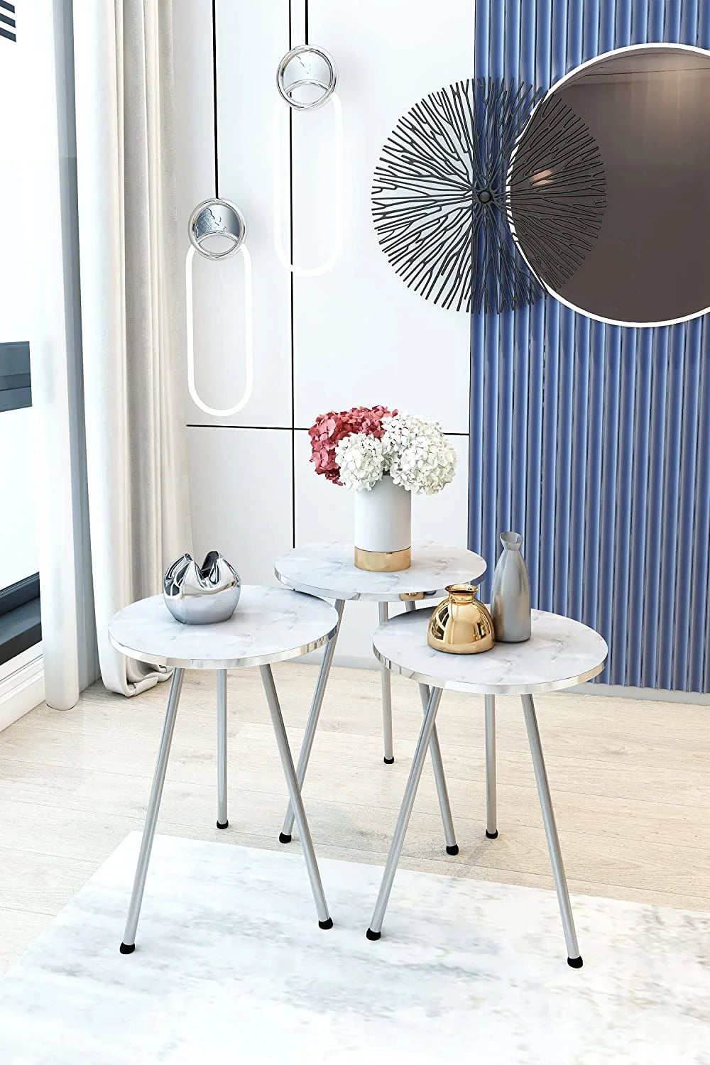 Round Nesting End Tables White Marble Silver D6110