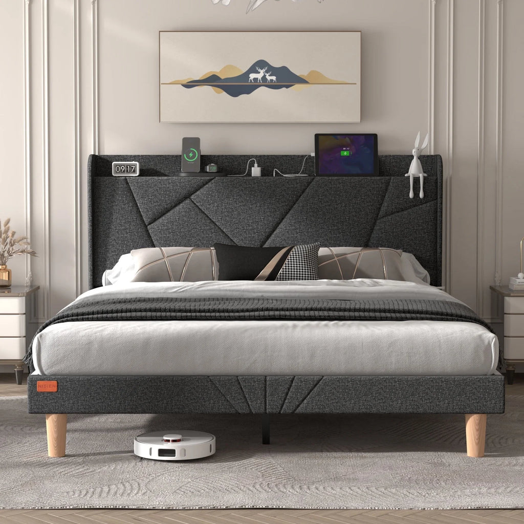 Queen Upholstered Platform Bed Frame with Wingback Storage Headboard K106