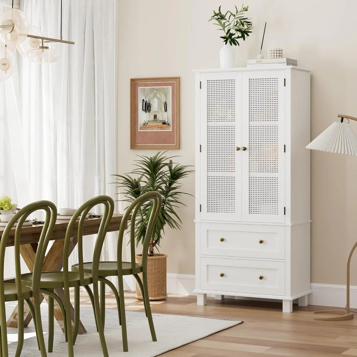 White Tall Pantry Cabinet with Rattan Doors and 2 Drawers S958120