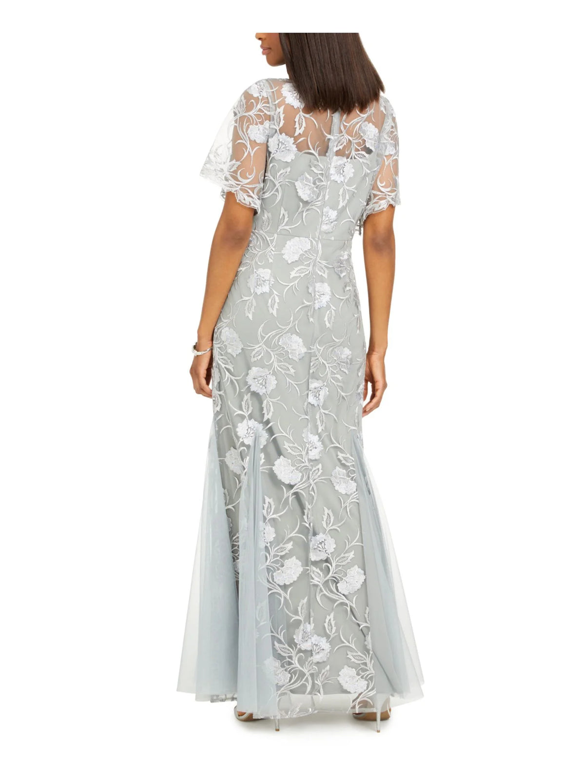 Gray Embroidered Floral Flutter Sleeve V Neck Full-Length Evening Gown Dress Petites 16P Y297206