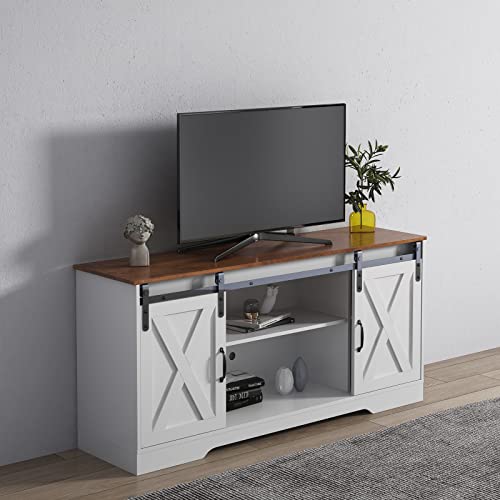 White 59 Inch Wood TV Stand with Sliding Barn Doors A732670