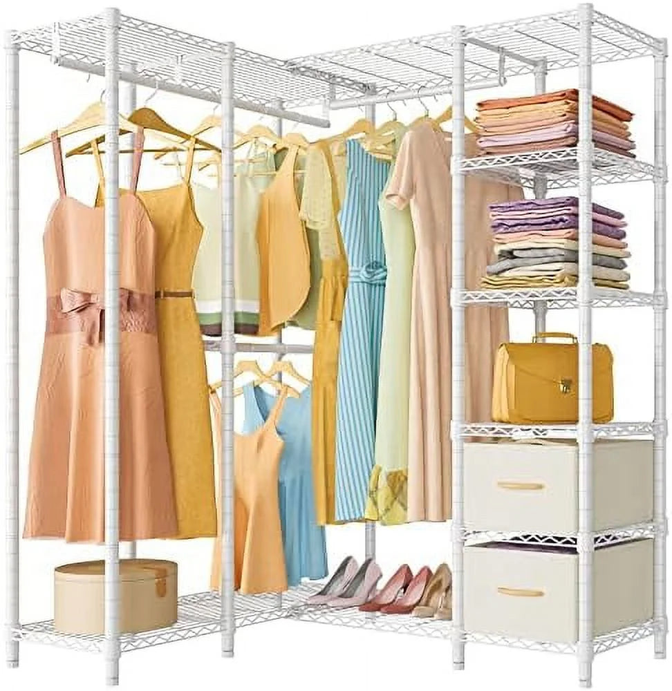 L Shaped Heavy Duty Garment Rack with Drawer White W97962