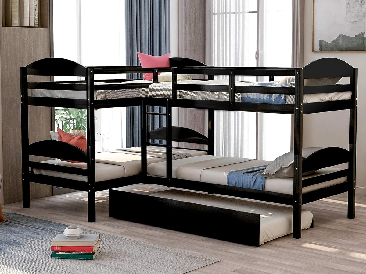 Gray Twin L-Shaped Bunk Bed Frame with Trundle T728271