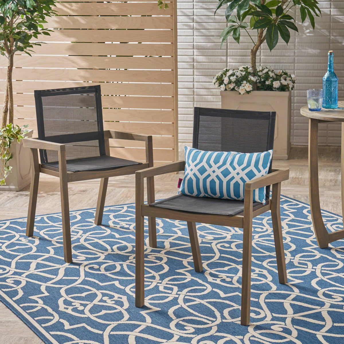 Outdoor Acacia and Mesh Dining Chairs (Set of 2), Gray K407