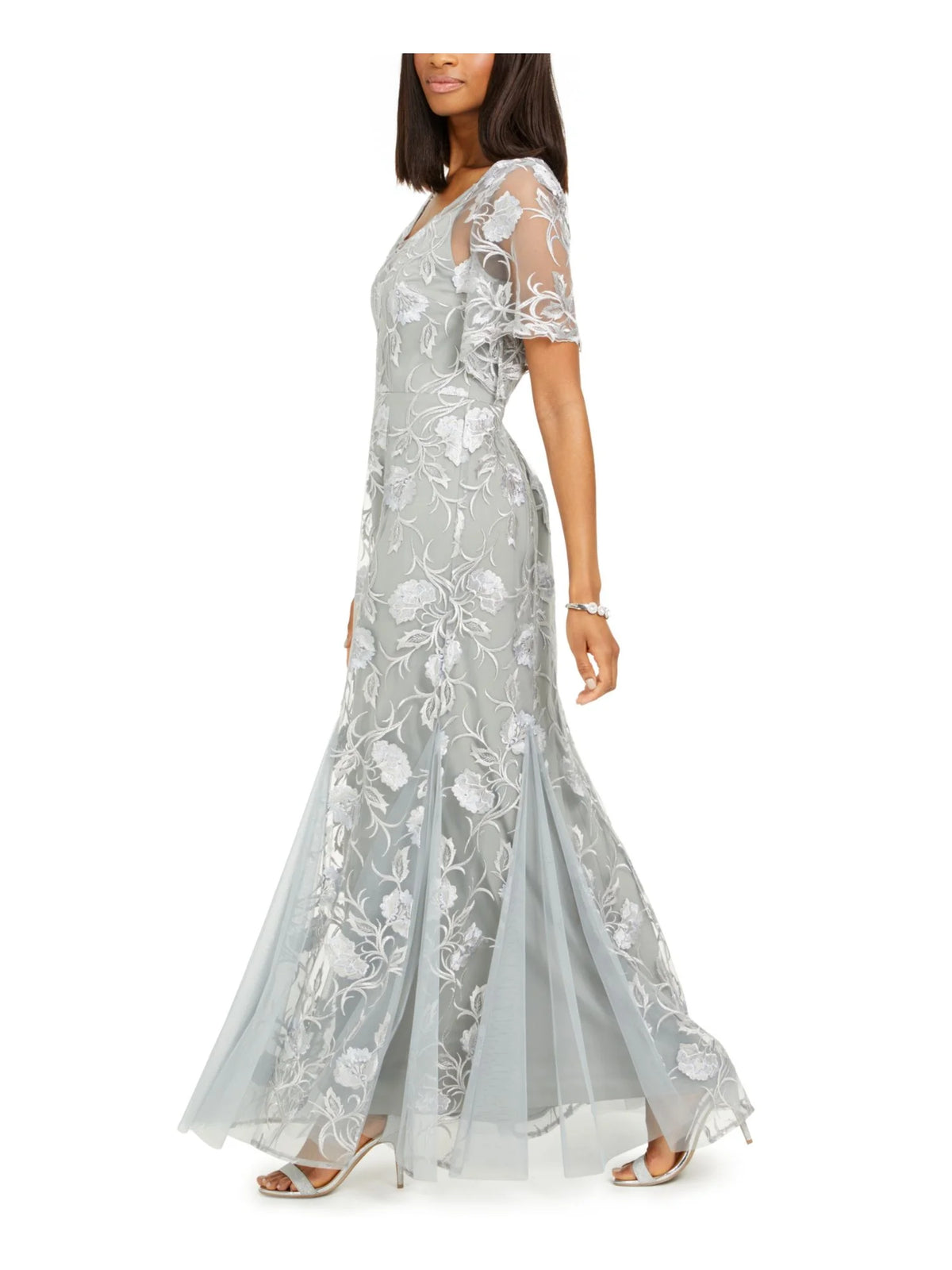 Gray Embroidered Floral Flutter Sleeve V Neck Full-Length Evening Gown Dress Petites 16P Y297206