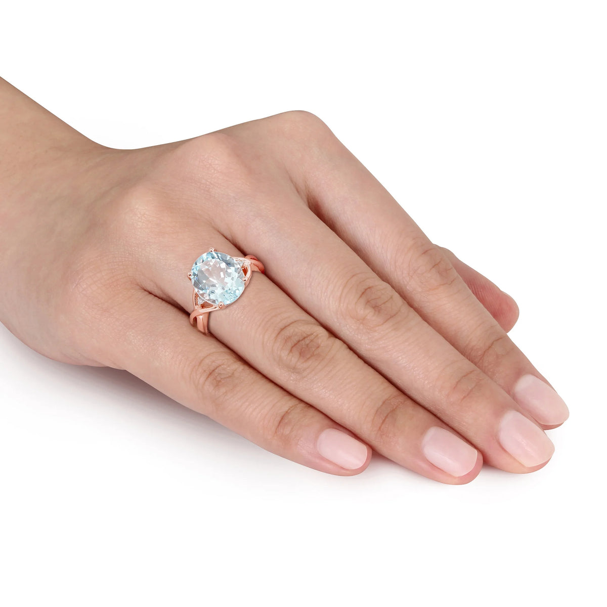Oval-Cut Sky Blue Topaz and Diamond Accent Rose Gold Flash Plated Sterling Silver Ring Q6585