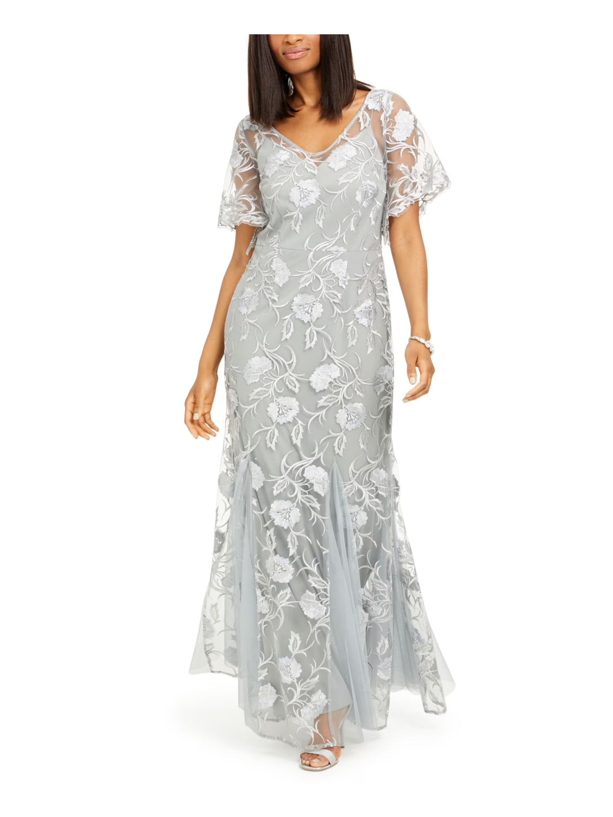 Gray Embroidered Floral Flutter Sleeve V Neck Full-Length Evening Gown Dress Petites 16P Y297206