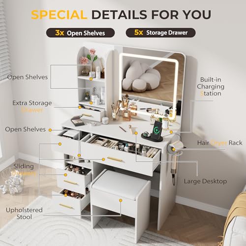 White Vanity Desk with Lighted Mirror and Stool K2087