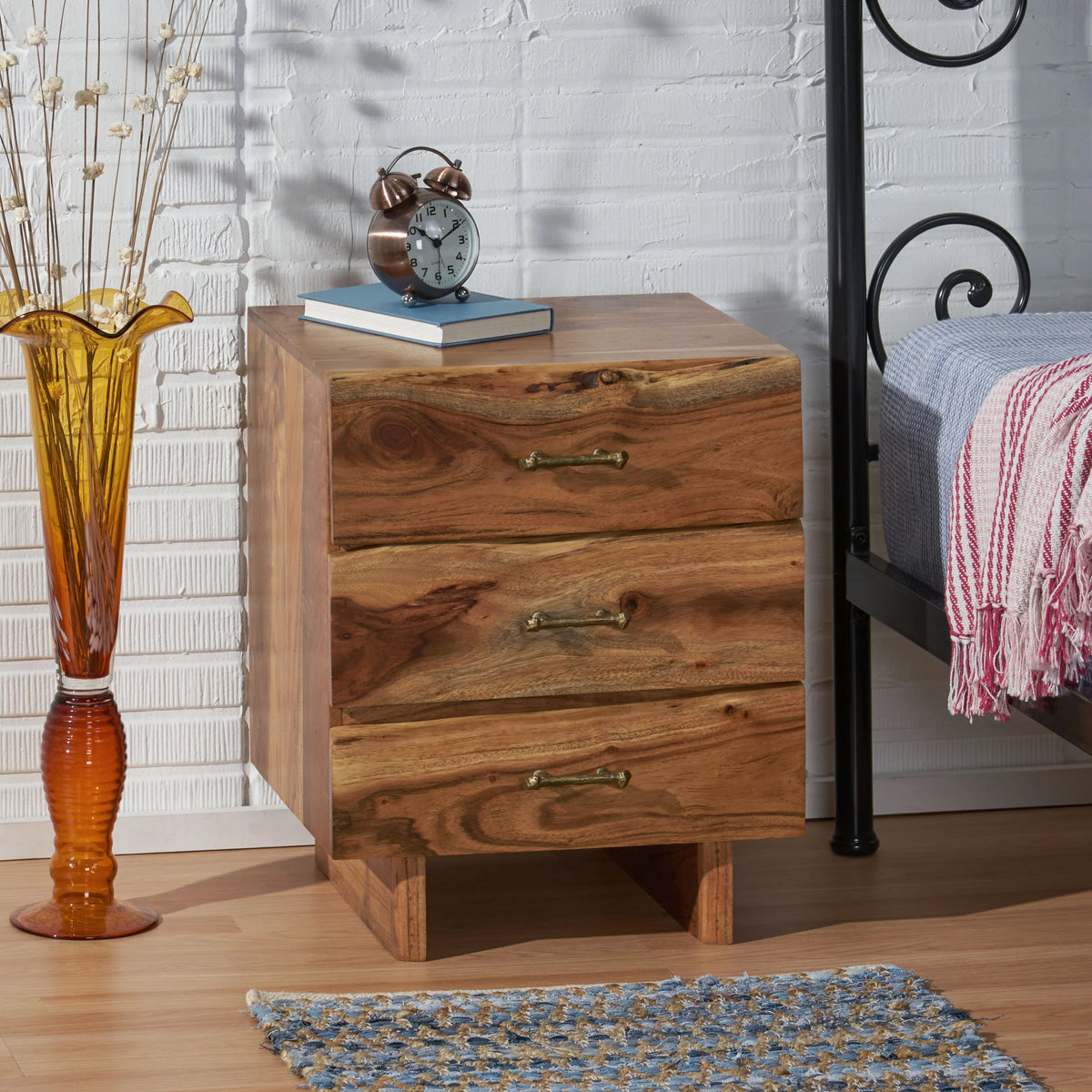 Acacia Wood 3 Drawer Nightstand J68401