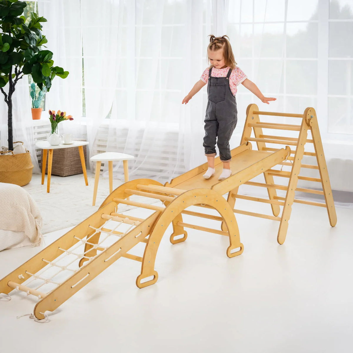 4-in-1 Wooden Foldable Indoor Playground with Climbing Arch Slide Board and Net D7234
