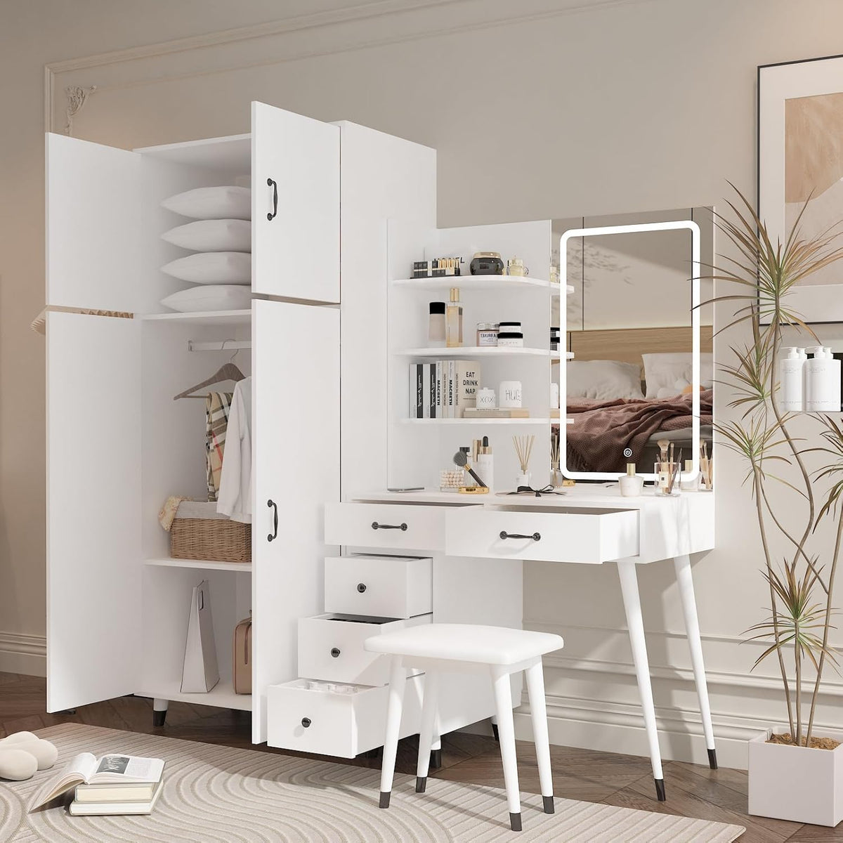 White Makeup Vanity Table and Armoire Wardrobe Set with LED Mirror and 5 Drawers I36109