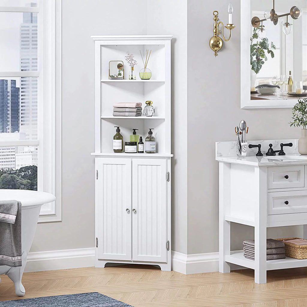 White Tall Corner Bathroom Cabinet with Doors and Hutch Y631