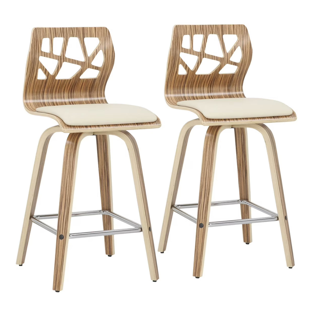 Set Of 2 Counter Stool In Zebra Wood And Cream Faux Leather P4896
