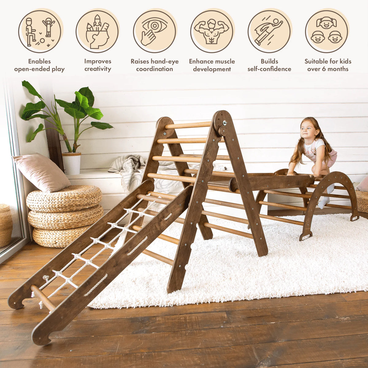 4-in-1 Wooden Foldable Indoor Playground with Climbing Arch Slide Board and Net D7234