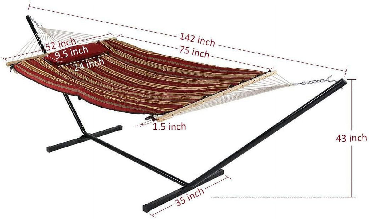 Double Outdoor Hammock with Stand, 2 Person Cotton Rope Hammock with Polyester Pad and Pillow F5981