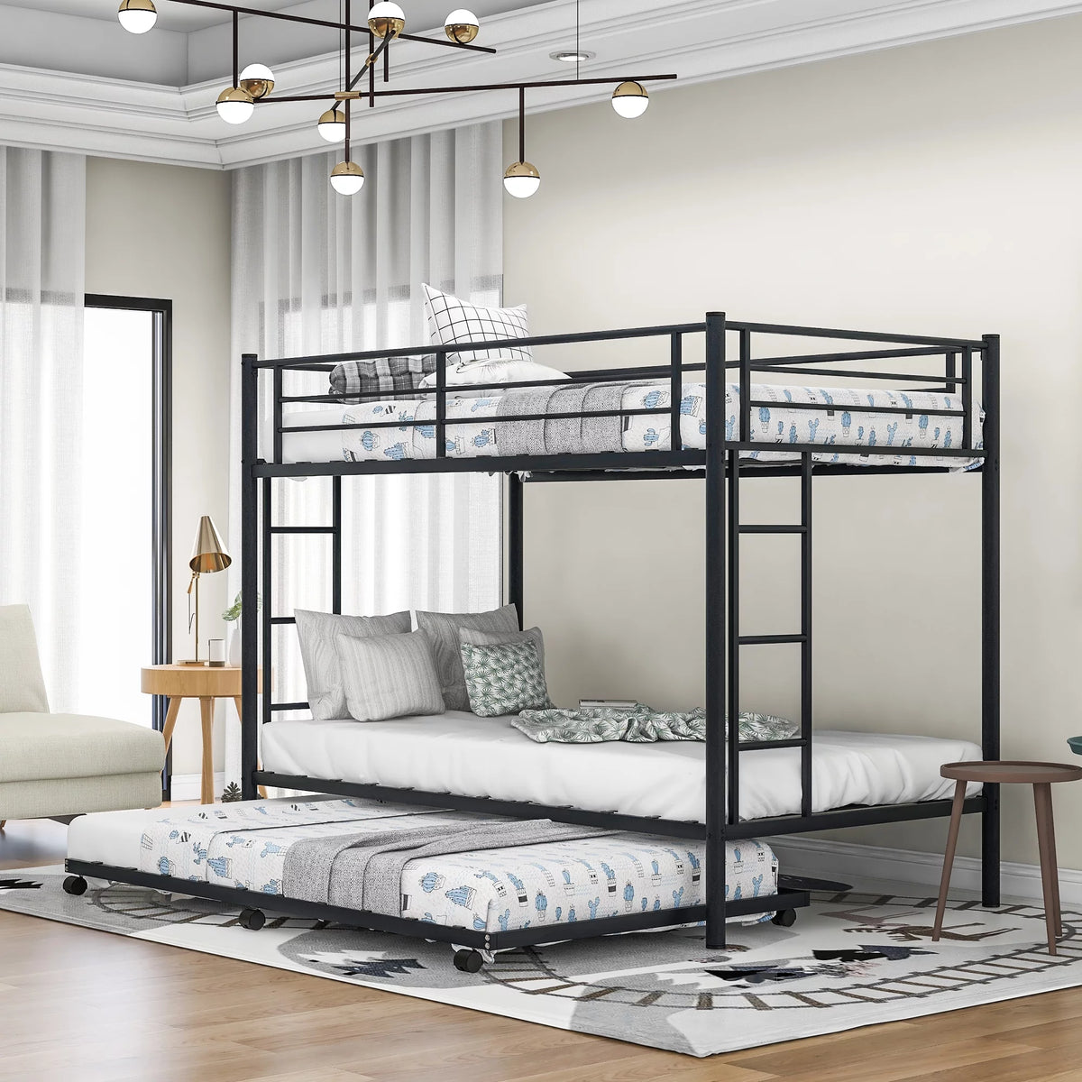 Black Metal Twin over Twin Bunk Bed with Trundle U67133