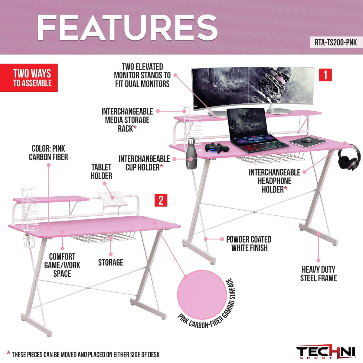 Computer Gaming Desk with Shelve - 41.5" - Pink and White Q835