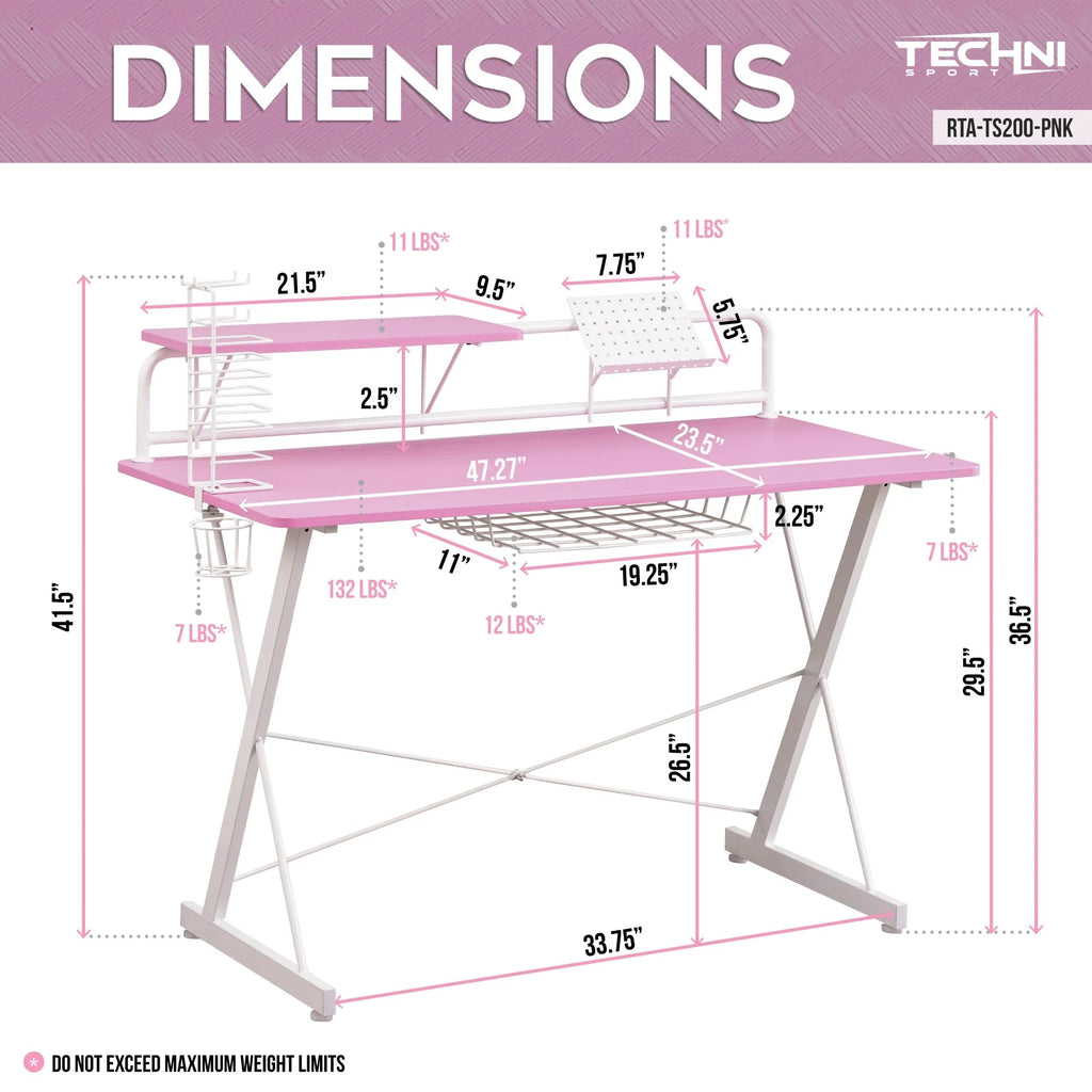 Computer Gaming Desk with Shelve - 41.5" - Pink and White Q835