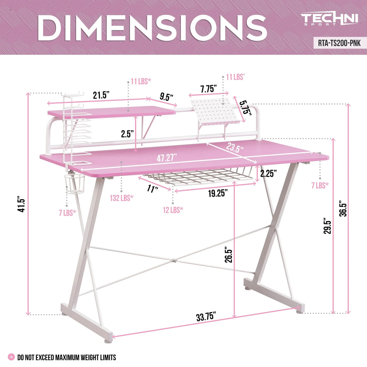 Computer Gaming Desk with Shelve - 41.5" - Pink and White Q835