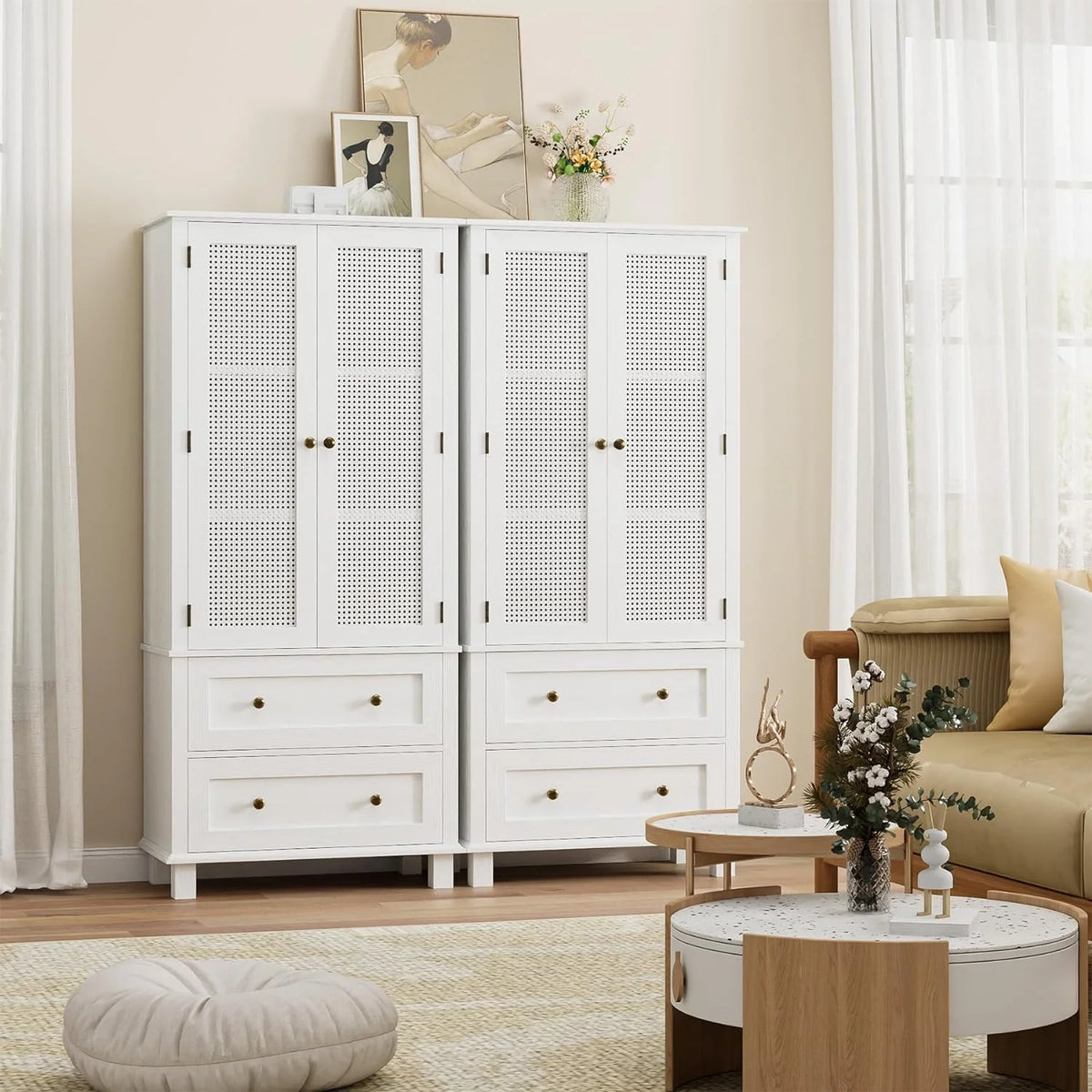 White Tall Pantry Cabinet with Rattan Doors and 2 Drawers S958120