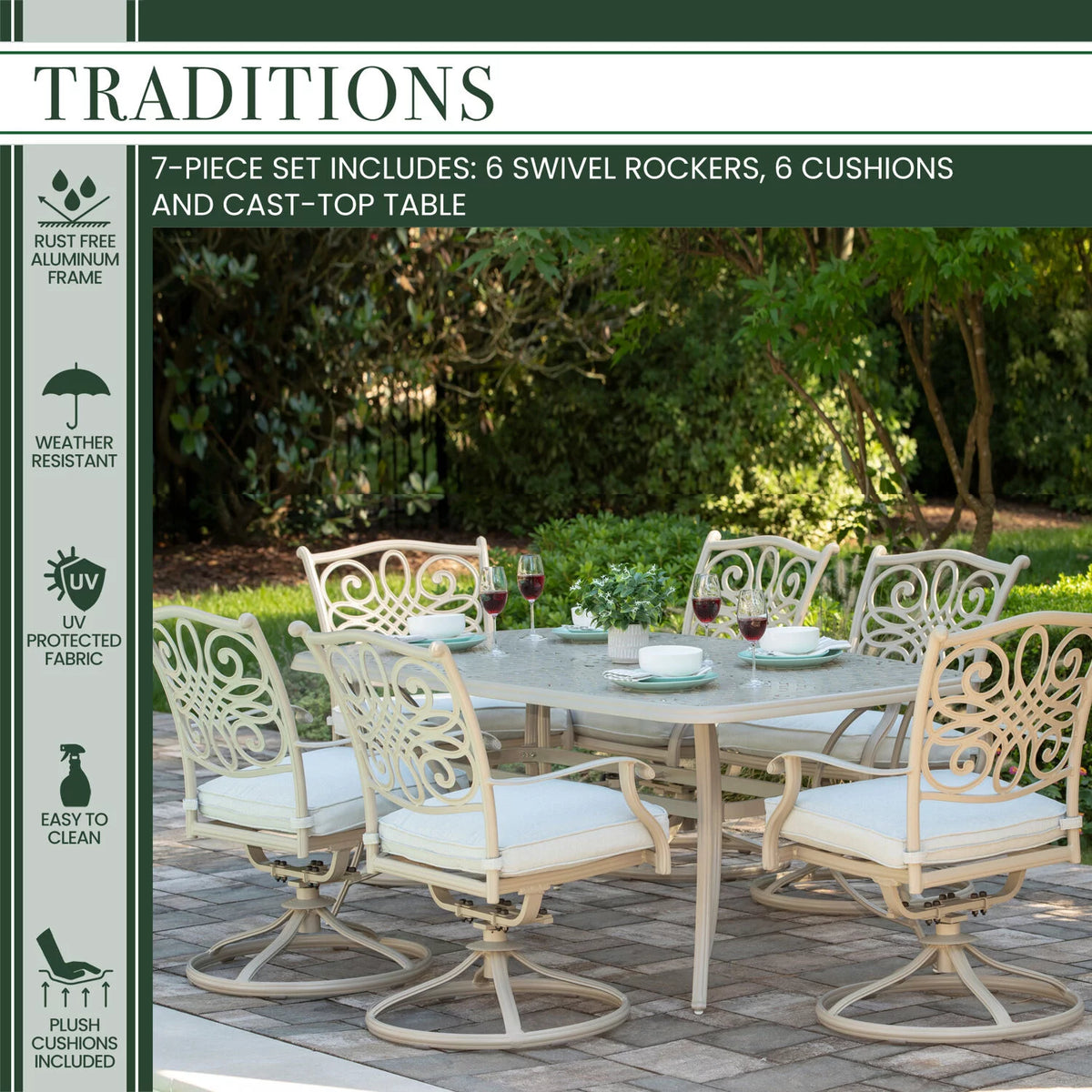 7-Piece Cushioned Swivel Rocker Patio Dining Set with Cast Aluminum Table J15600